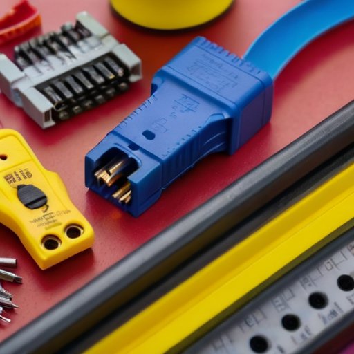 Организованный рабочий стол для работы с электрическими кабелями, инструменты и знаки безопасности.