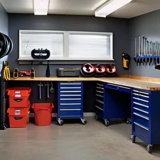 Организованное рабочее пространство в гараже с установленной лебедкой и аккуратно расставленными инструментами.