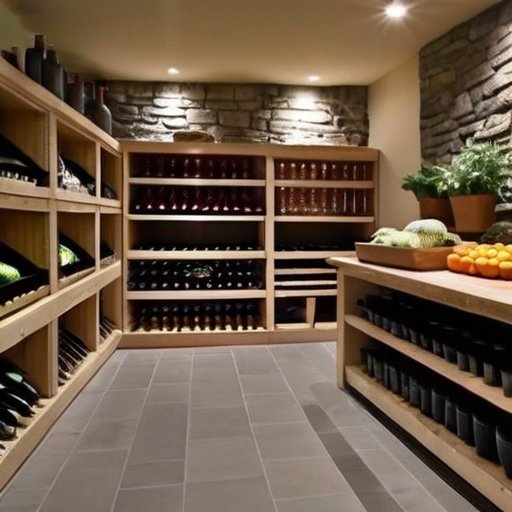 Удобный подземный погреб с полками для консервов, ящиками с овощами и винным шкафом.