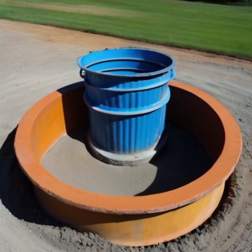 Колодец с трещинами на бетонных кольцах, рядом инструменты для ремонта.