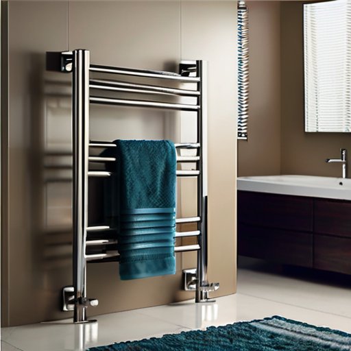 Современная ванная комната с элегантным стальным полотенцесушителем, свежими полотенцами и мягким освещением.