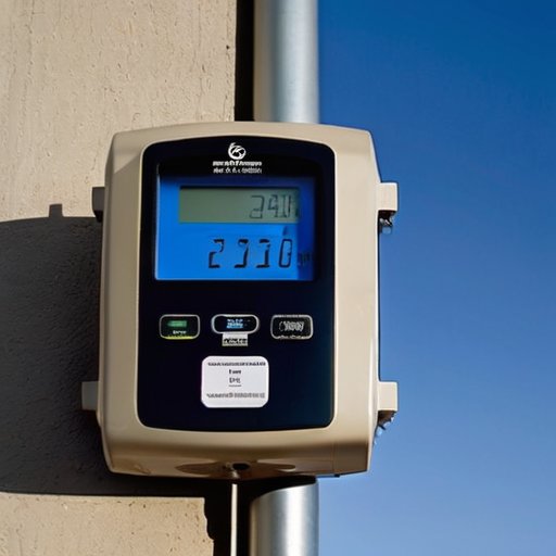 Современный электрический счетчик на столбе с цифровым дисплеем и антенным устройством, рядом - пульт управления для беспроводной передачи данных.