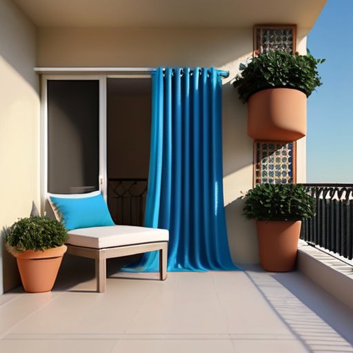 Уютный балкон с защитой от солнца: стильный навес, декорированные шторы, цветы и комфортная мебель.