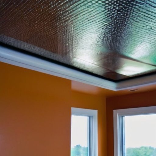 Современный натяжной потолок с провисанием и каплей воды, вокруг - следы влаги и инструменты для удаления воды.