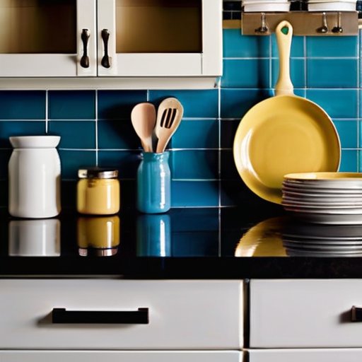 Современная кухня с ярким фартуком и инструментами для покраски.