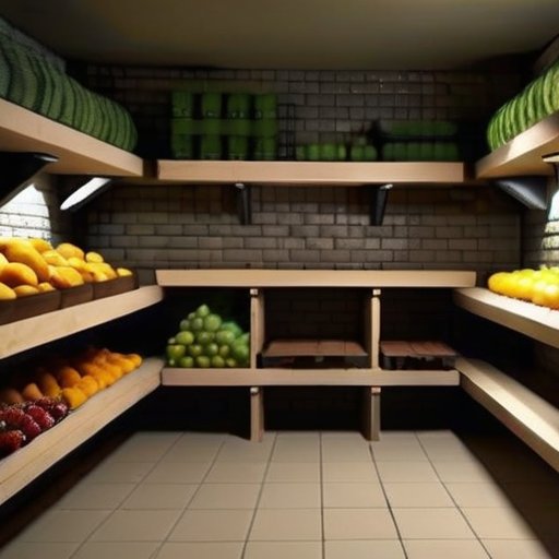 Упорядоченный подземный погреб с полками для фруктов, овощей и консервов.