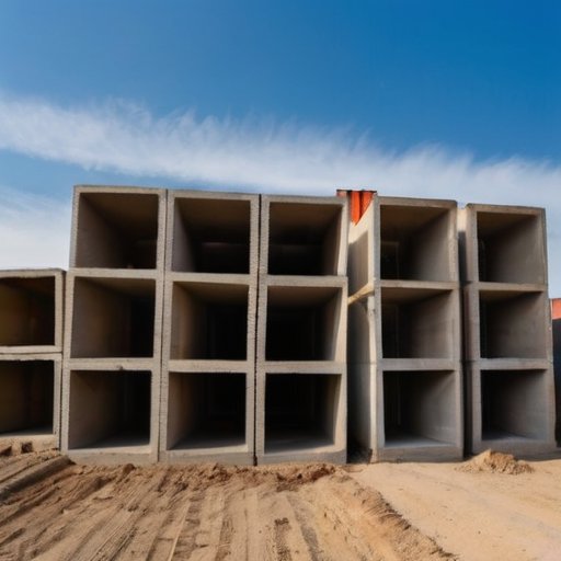 Строительная площадка с шлакоблоками и контейнерами с растворами.