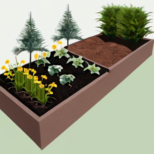 Садовая клумба с керамзитовой мульчой, окруженная зелеными растениями и цветами.