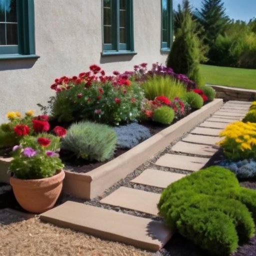 Садовая сцена с цветами, дорожкой из керамзита и поднятой клумбой.