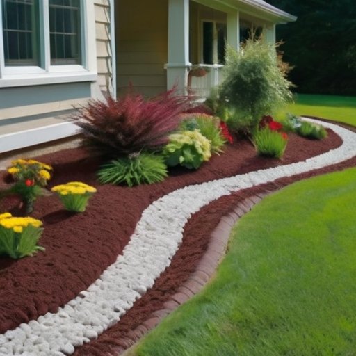 Сцена яркого сада с использованием керамзита: цветник, дорожка, пруд и альпийские растения.