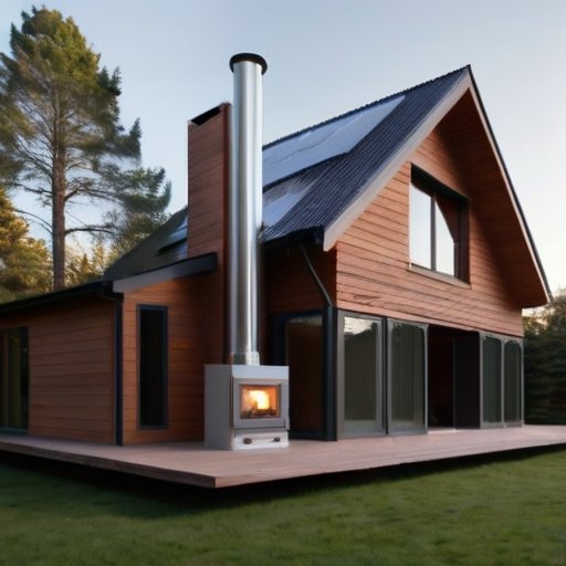 Коаксиальная дымовая труба на деревянном доме, окруженном деревьями, с инструментами для установки на переднем плане.