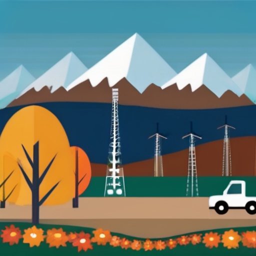 Спокойный пейзаж с буровой установкой на фоне, цветущими весенними цветами, осенними листьями и снежными горами, под ясным небом.