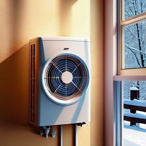 Современный кондиционер на улице зимой, окруженный снегом и сосульками, с морозным окном и термометром, показывающим низкую температуру.