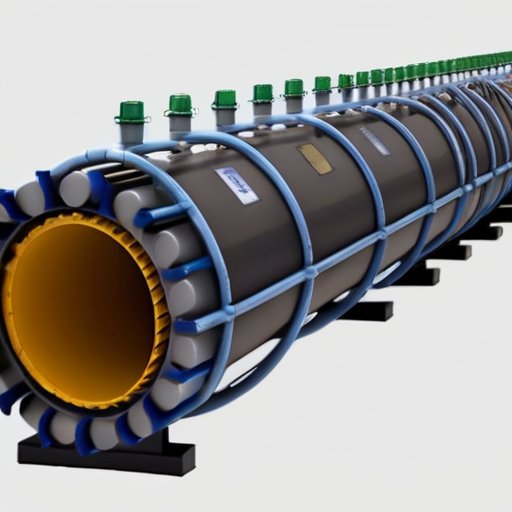 Срез газопровода с контрольными трубами, обозначены материалы и функции. Фон — суровая природа, подчеркивающая прочность системы.