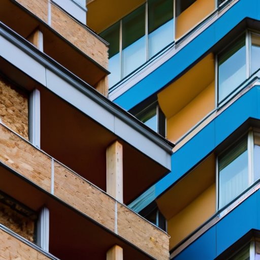 Современный фасад здания с мягкими панелями из ОСП, текстуры и цвета, элементы строительного процесса.