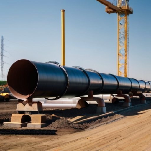 Строительная площадка с установкой газопровода: трубы, техника и знаки безопасности.