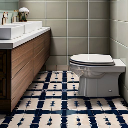 Упорядоченный пол в ванной с керамической плиткой и частично установленным туалетом, инструменты для установки.