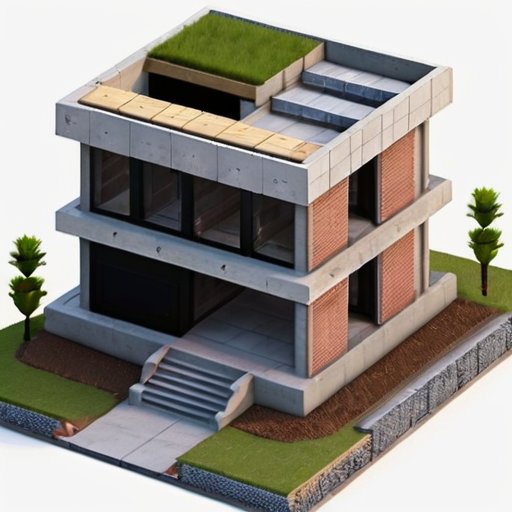 Современный дом из бетонных блоков с различными типами фундаментов и инструментами геологического обследования.