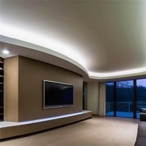 Элегантное натяжное потолок в современном интерьере с изгибами и разнообразием текстур и цветов.