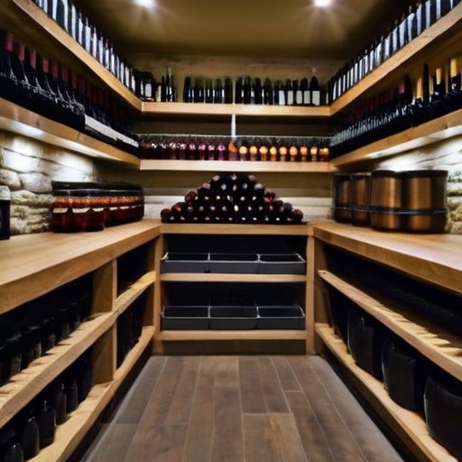 Упорядоченный погреб с полками, заполненными банками, бутылками вина и коробками с овощами.