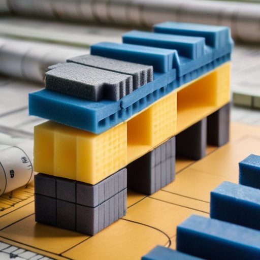 Строительная площадка с аккуратно уложенными пеноблоками, рулеткой и расчетным листом, на фоне чертежа здания.