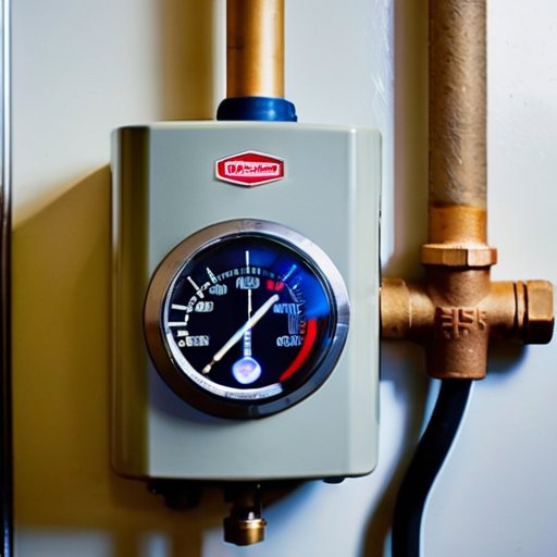 Газовый водонагреватель с засоренной горелкой и низким давлением газа, инструменты для обслуживания и датчик безопасности в ухоженной котельной.