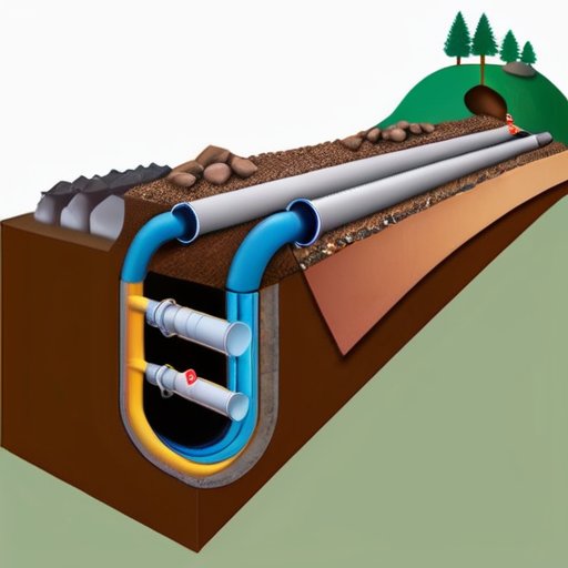 Схема поперечного сечения подземного газопровода с компонентами и слоями почвы.