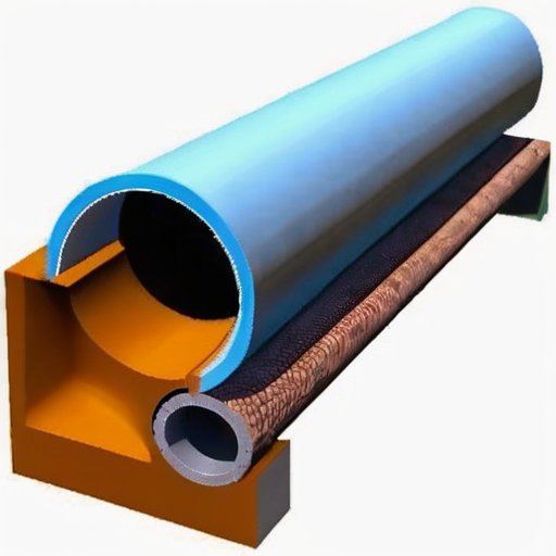 Срез системы канализационных труб с различными материалами и уплотнителями.