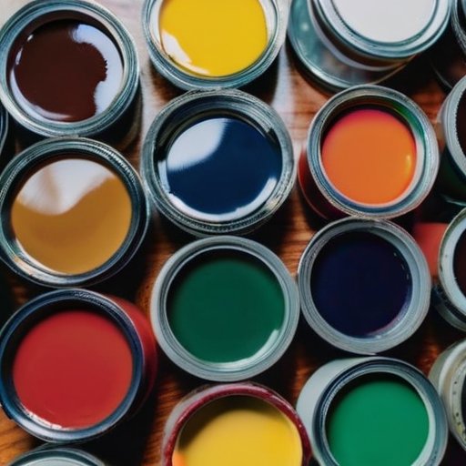 Организованное рабочее пространство с красками и принадлежностями для подготовки поверхности.