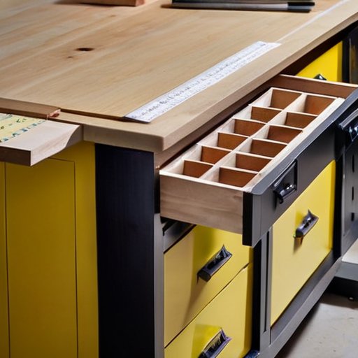 Деревянный верстак с инструментами для разметки и частично собранным шкафом.