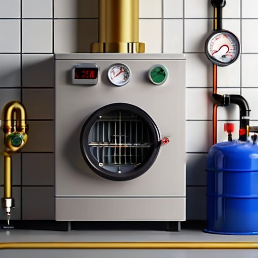 Современный газовый котел с обозначенными компонентами в чистом и организованном помещении.