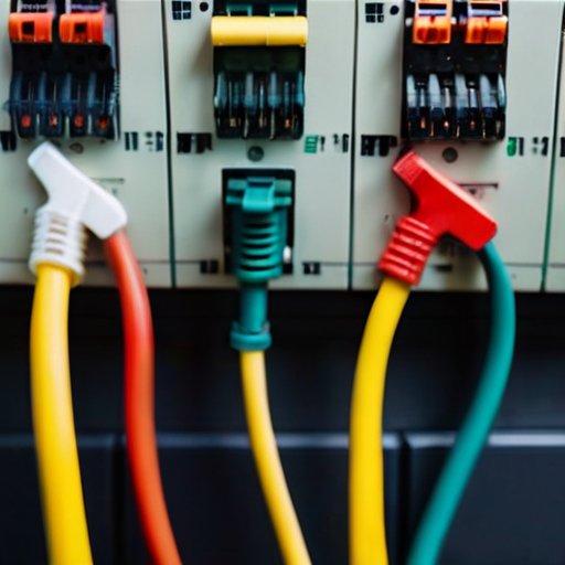 Организованная электрическая панель с аккуратно уложенными проводами и яркими ярлыками.