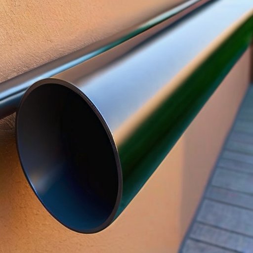 Современный фасад дома с установленной газовой трубой, гармонично окрашенной, окруженной декоративными элементами и безопасной средой.