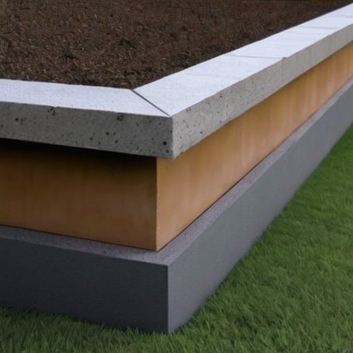 Фундамент здания с бетонным покрытием, наклоненным от него, с водоизоляцией и чистой зоной вокруг.