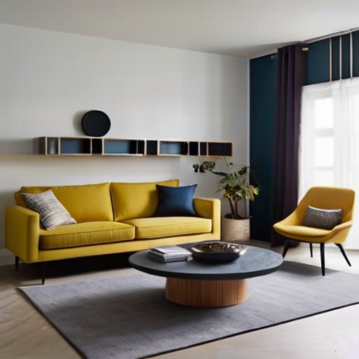 Эстетически оформленное жилое пространство с диваном, журнальным столиком и настенными полками, акцент на расстоянии и функциональности.