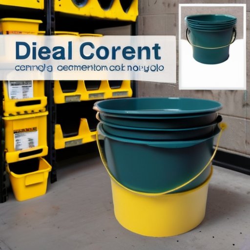 Строительная рабочая зона с ведром цемента, мерным контейнером, мастерком и чистой таблицей с соотношением воды и цемента.