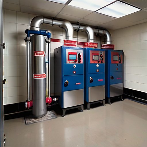 Организованный котельный зал с котлом, инструментами и знаками безопасности.