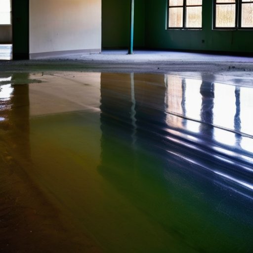 Строительная площадка с свежезалитым полом, увлажняемым распылителем, инструменты и измеритель температуры на стене.