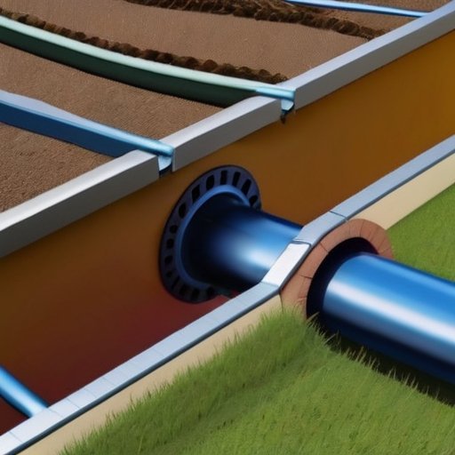 Аккуратно организованная траншея в жилом районе с четкими слоями почвы и уложенными водопроводными трубами, рядом инструменты и разметка границ.