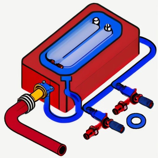 Схема системы отопления с расширительным баком, манометрами и указателями потока воды. Элементы обслуживания: ключ и контрольный список. Теплая цветовая палитра.
