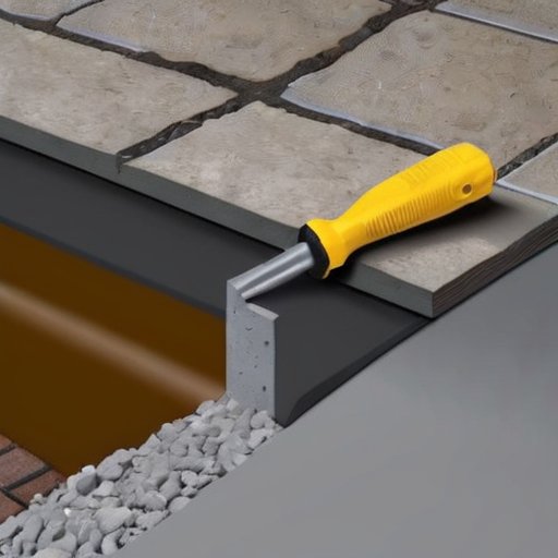 Близкий план бетонного фундамента с зазором, инструменты для ремонта и изменяющаяся погода.