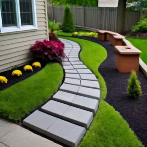 Уютная садовая дорожка из бетонных блоков, окруженная зеленью и цветами.