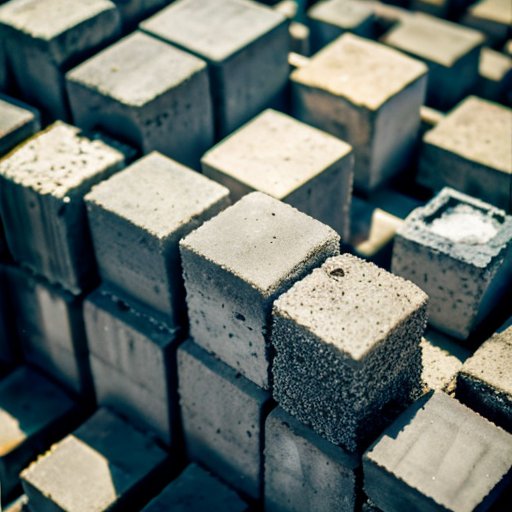 Стек бетонных блоков с текстурой, на фоне строительного участка, с подписями компонентов.