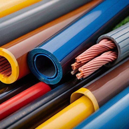 Срез различных силовых кабелей с обозначениями слоев и материалов на фоне промышленных объектов.