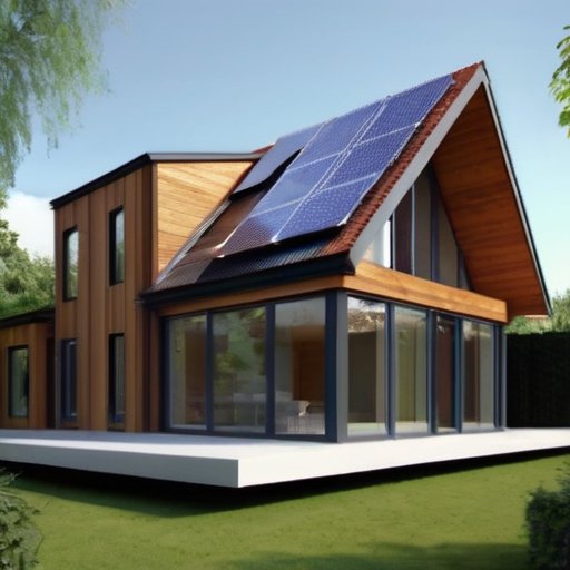 Современный дом из SIP-панелей с экологичным дизайном, окруженный зеленью, солнечными панелями и строительными материалами.