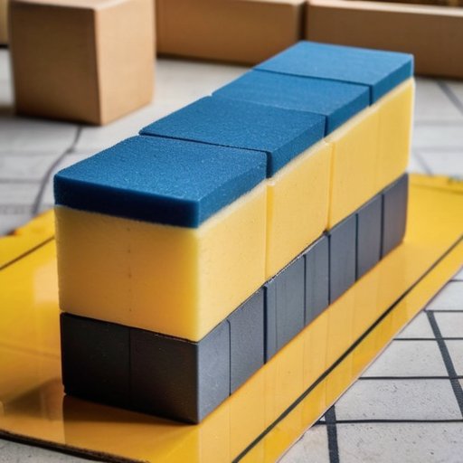 Строительная площадка с аккуратно сложенными пеноблоками, планом на столе, измерительными инструментами и разметкой фундамента.