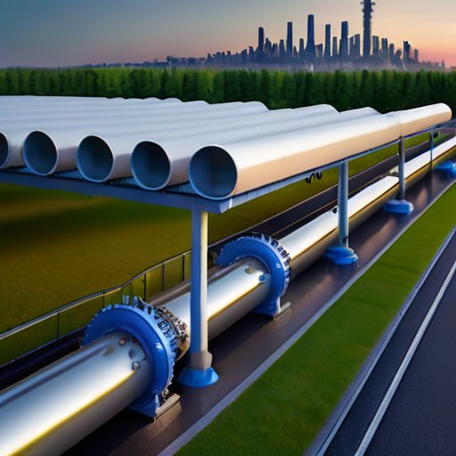 Современная газовая трубопроводная система в городском пейзаже с компрессорными станциями и символами экологии.