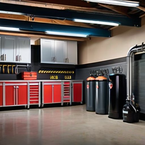 Организованный гараж с современным газовым котлом, вентиляцией, знаками безопасности и аккуратным рабочим пространством.
