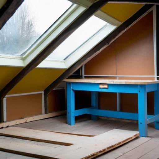 Холодный чердак с вентиляционными трубами, покрытыми утеплителями, инструментами и деревянными балками.