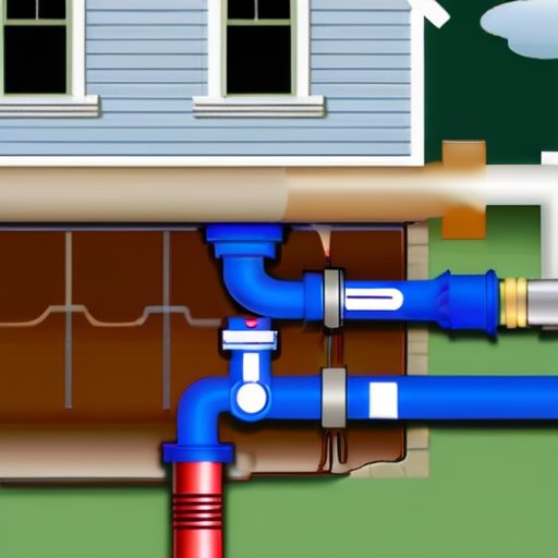 Схема системы водоснабжения с блокировкой воздуха в канализации и инструментами для ремонта.